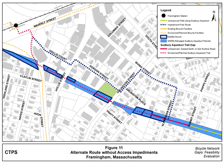 Figure 11 – Map illustrating an alternate route along local streets that loosely follows the path of the Sudbury Aqueduct but doesn’t encounter access impediments.